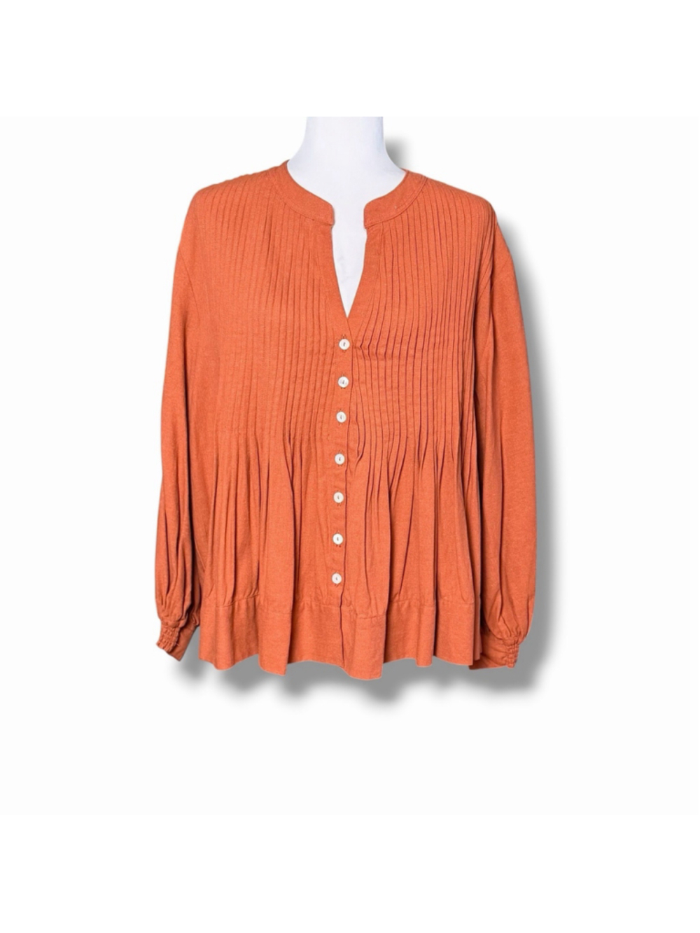 Sole by Mare Sole Linen Blend Pintuck Peplum Long Sleeve Blouse Terracotta XL